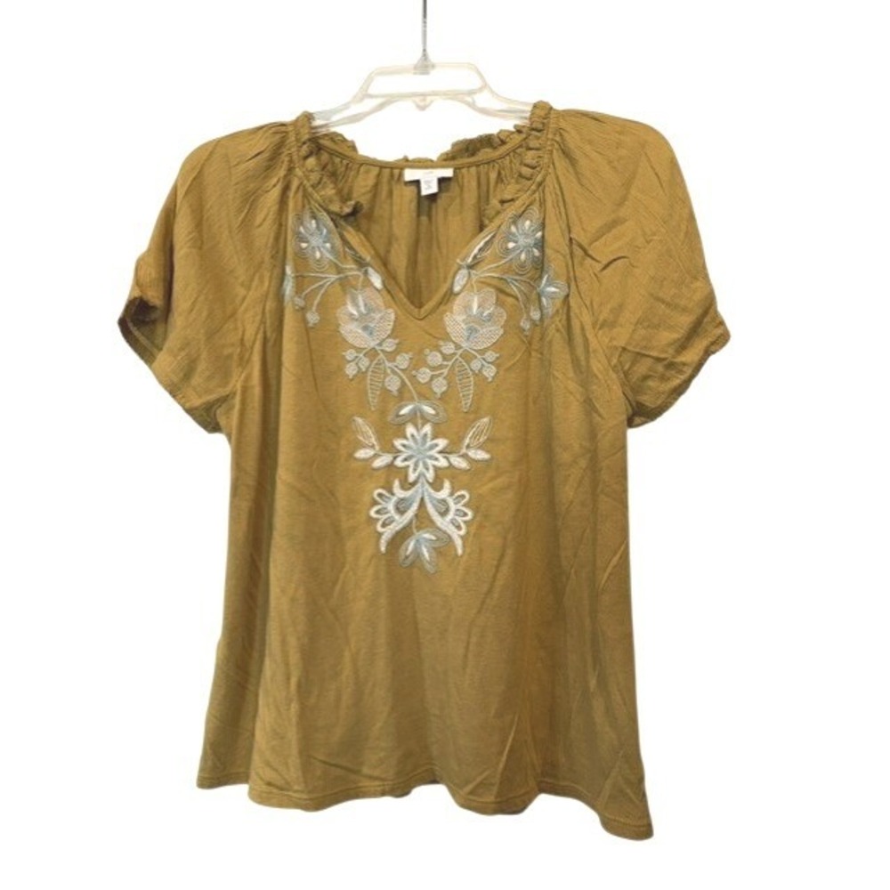 J Jill Top Womens XS Petite Mustard Floral Embroidered Peasant Blouse Boho